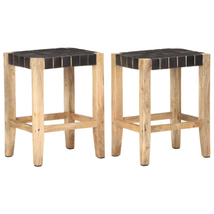 Tabourets de bar Bohème / Nature en lot de 2 en cuir véritable Noir 60 cm {attributes}