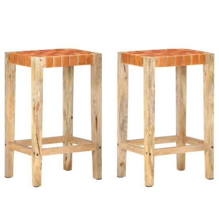 Tabourets de bar Bohème / Nature en lot de 2 en cuir véritable & Bois Brun 75 cm {attributes}