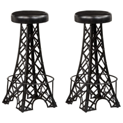 Tabourets de bar industriel tour Eiffel en lot de 2 en cuir véritable Noir  {attributes}