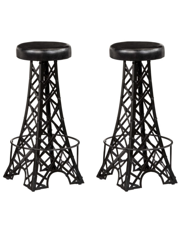 Tabourets de bar industriel tour Eiffel en lot de 2 en cuir véritable Noir  {attributes}