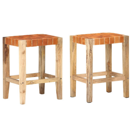 Tabourets de bar Bohème / Nature en lot de 2 en cuir véritable & Bois Brun 60 cm {attributes}