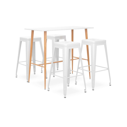 Table mange debout Scandinave avec 4 tabourets - Blanc - Bois et métal