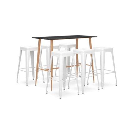 Table mange debout Scandinave avec 6 tabourets - Noir et blanc - Bois et métal