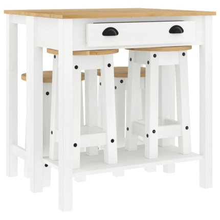 Ensemble Table mange debout Campagne avec 4 tabourets - Blanc - Bois massif de pin 