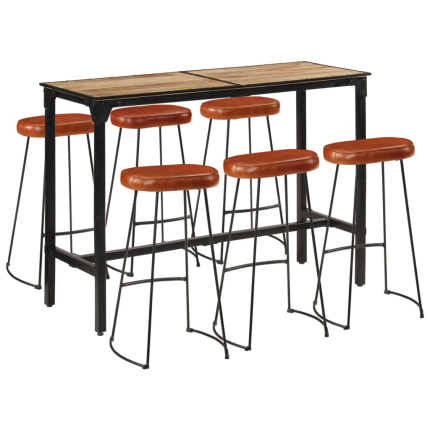 Ensemble Table mange debout Industriel avec 6 tabourets - Marron - Bois massif de manguier et fer 