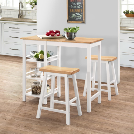 Ensemble Table mange debout Campagne avec 2 tabourets - Blanc et Bois naturel - Structure en Bois d'hévéa 