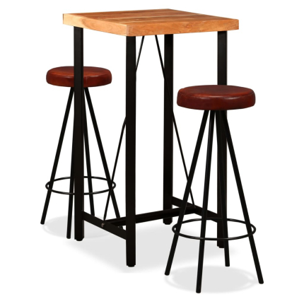 Ensemble Table mange debout Industriel avec 2 tabourets - Marron et noir - Cuir naturel et acier 