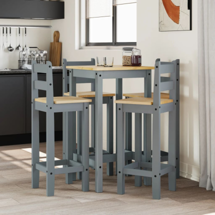 Ensemble Table mange debout Campagne avec 4 tabourets - Gris - Bois massif de pin 