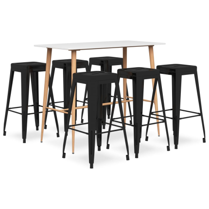 Ensemble Table mange debout Scandinave avec 6 tabourets - Blanc et noir - Bois et métal 