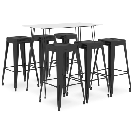 Ensemble Table mange debout Scandinave avec 6 tabourets - Blanc et noir - Bois et métal 