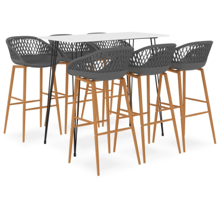 Ensemble Table mange debout Scandinave avec 6 tabourets - Blanc et gris - Bois et métal 