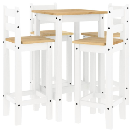 Ensemble Table mange debout Campagne avec 4 tabourets - Blanc - Bois massif de pin 