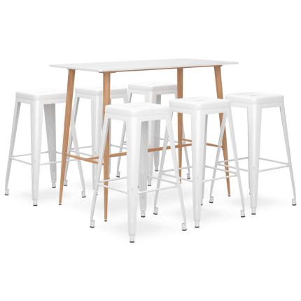 Ensemble Table mange debout Scandinave avec 6 tabourets - Blanc - Bois et métal 