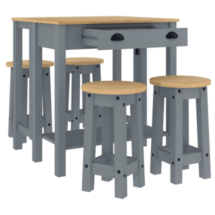 Ensemble Table mange debout Campagne avec 4 tabourets - Gris - Bois massif de pin 