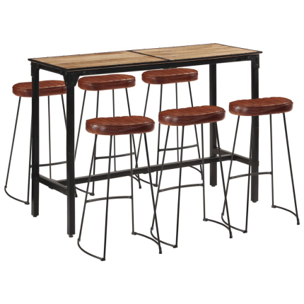 Ensemble Table mange debout Industriel avec 6 tabourets - Marron foncé - Bois massif de manguier et fer 