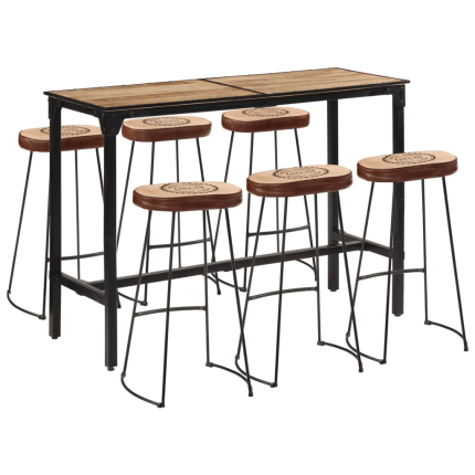 Ensemble Table mange debout Industriel avec 6 tabourets - Marron foncé - Bois massif de manguier et fer 