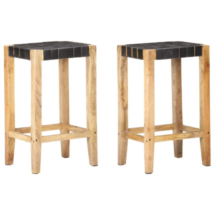 Tabourets de bar Bohème / Nature en lot de 2 en cuir véritable Noir & Bois 75 cm {attributes}