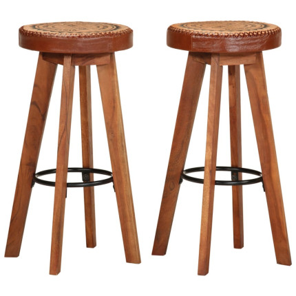 Tabourets de bar Industriel / Rétro - Vintage 2 pièces en cuir véritable et bois d'acacia Brun  {attributes}